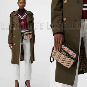BURBERRY black leather LINK 1983 beige canvas Equestrian Knight Check Belt Bag
